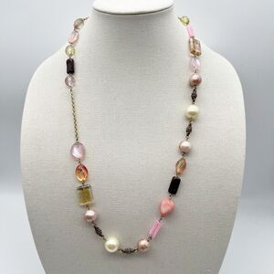 Unique Gold Tone Pink Multicolor Stone Acrylic Bead Faux Pearl Necklace 28.5”
